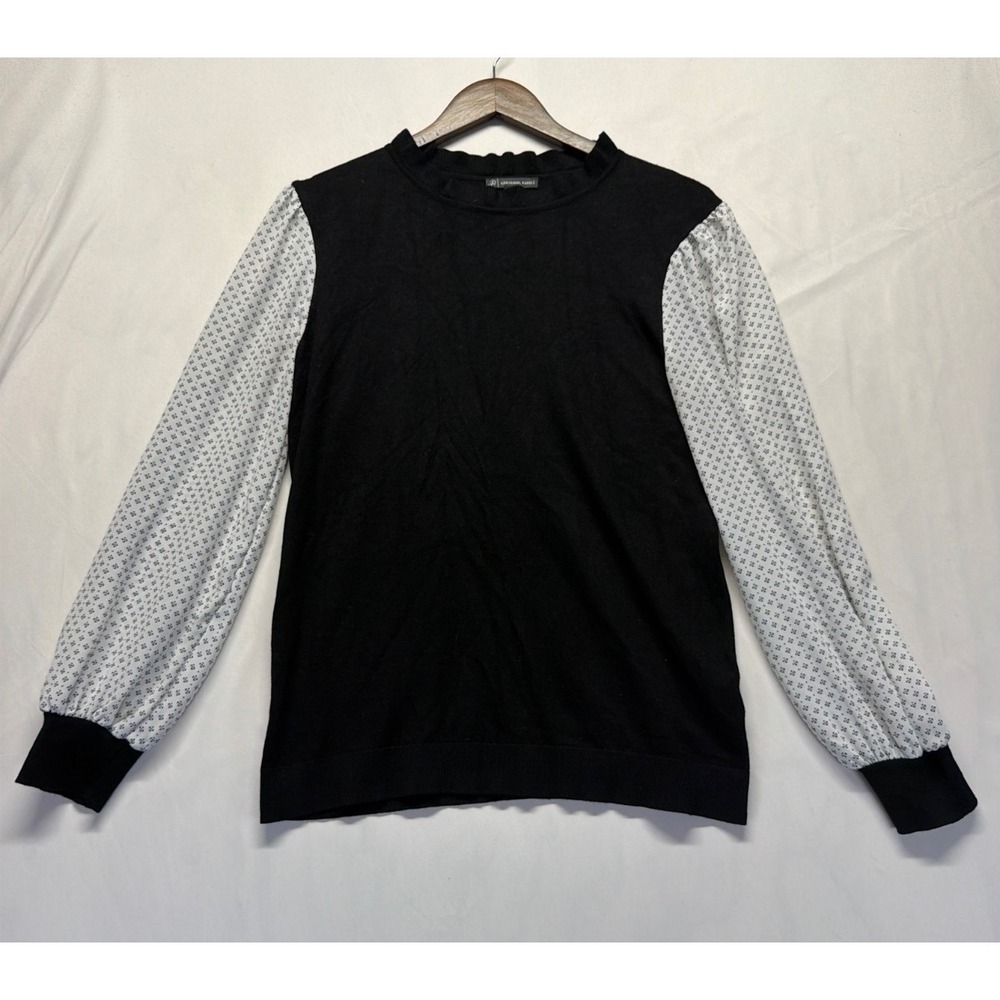 Adrianna Papell‎ Knit Blouse Top Womens Medium Black White Geo Print Puff Sleeve